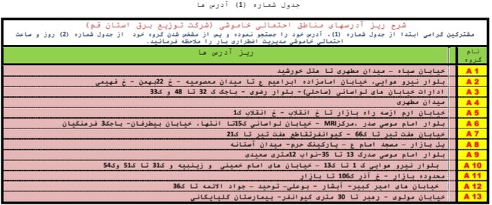 جدول خاموشی‌های قم در ۲۳ مردادماه