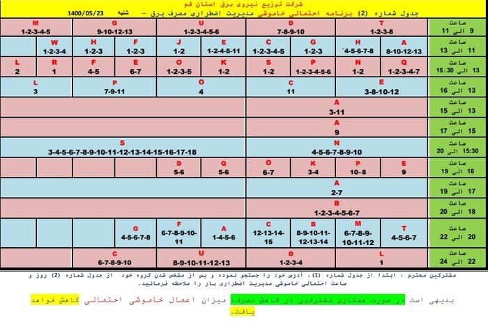 جدول خاموشی‌های قم در ۲۳ مردادماه